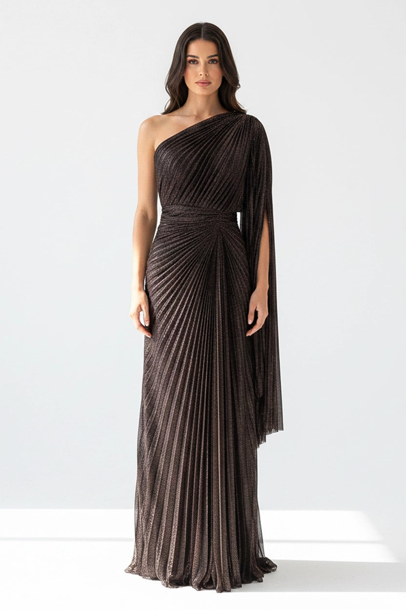 One Shoulder Plisse Lame Dress