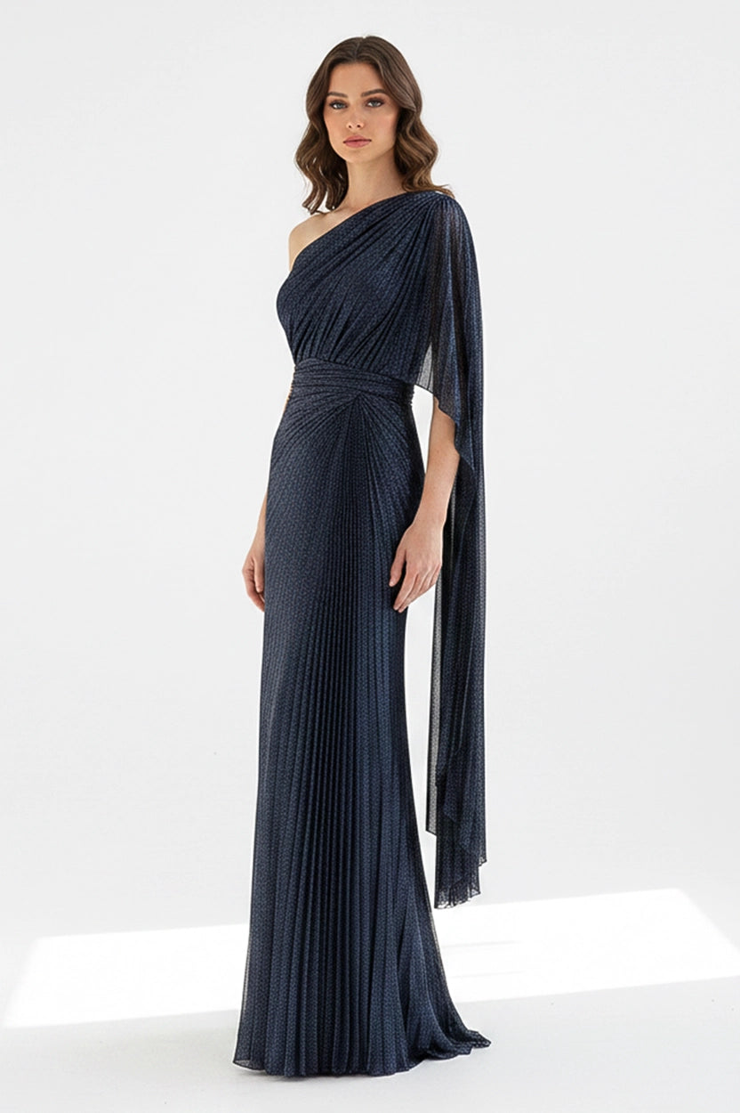 One Shoulder Plisse Lame Dress