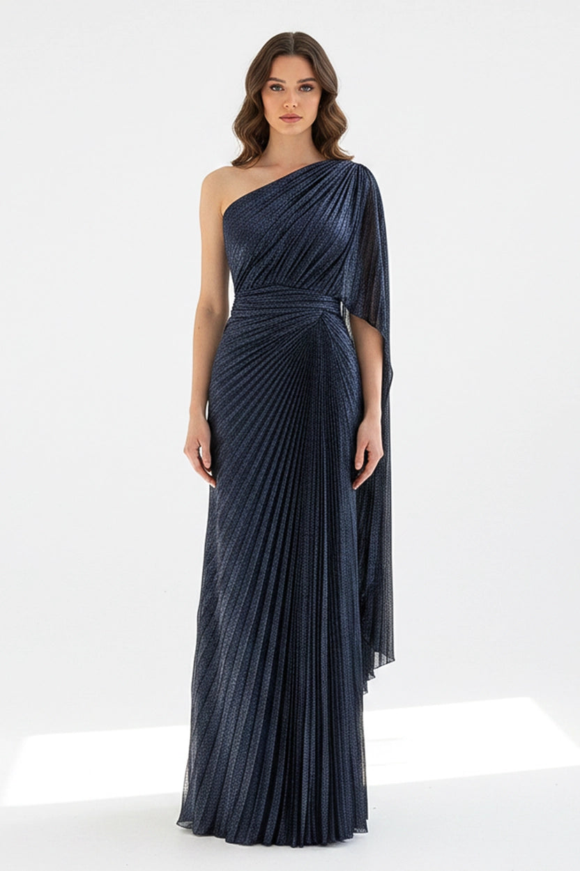 One Shoulder Plisse Lame Dress