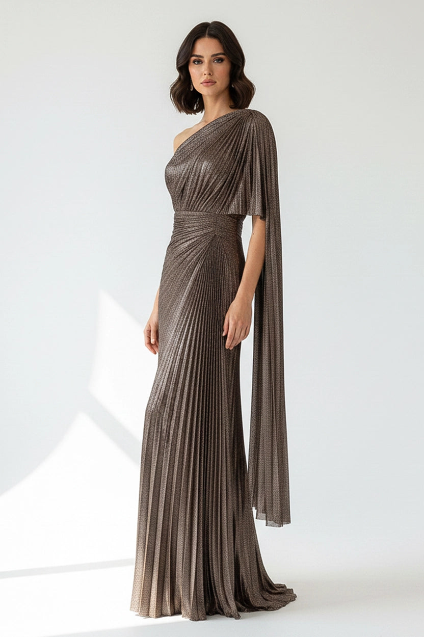 One Shoulder Plisse Lame Dress