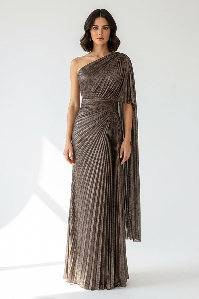 One Shoulder Plisse Lame Dress