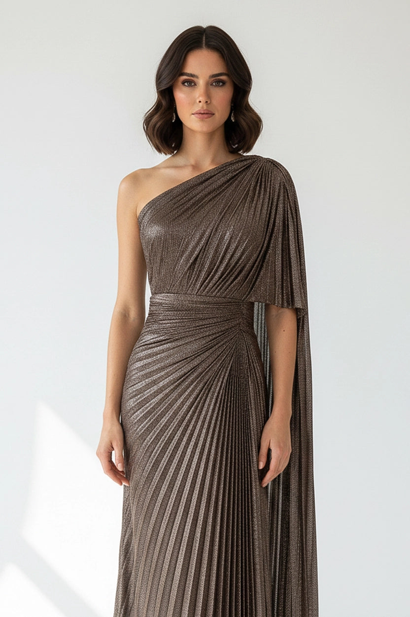 One Shoulder Plisse Lame Dress