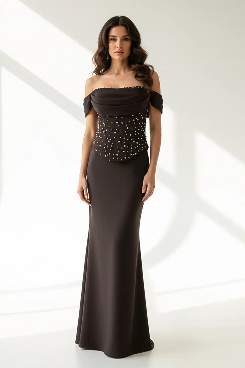 Pearl Details Corset Crepe Dress