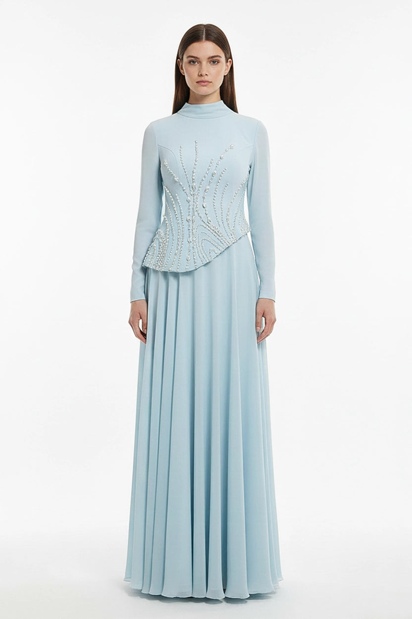 Pearl Embellished Curve Cut Crepe Dress