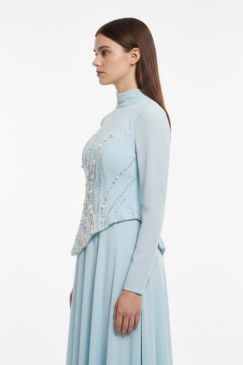 Pearl Embellished Curve Cut Crepe Dress