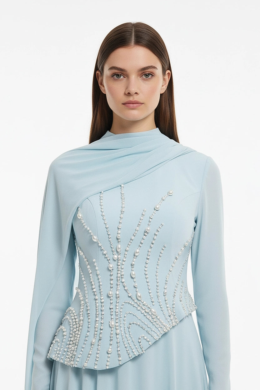 Pearl Embellished Curved Crepe Dress