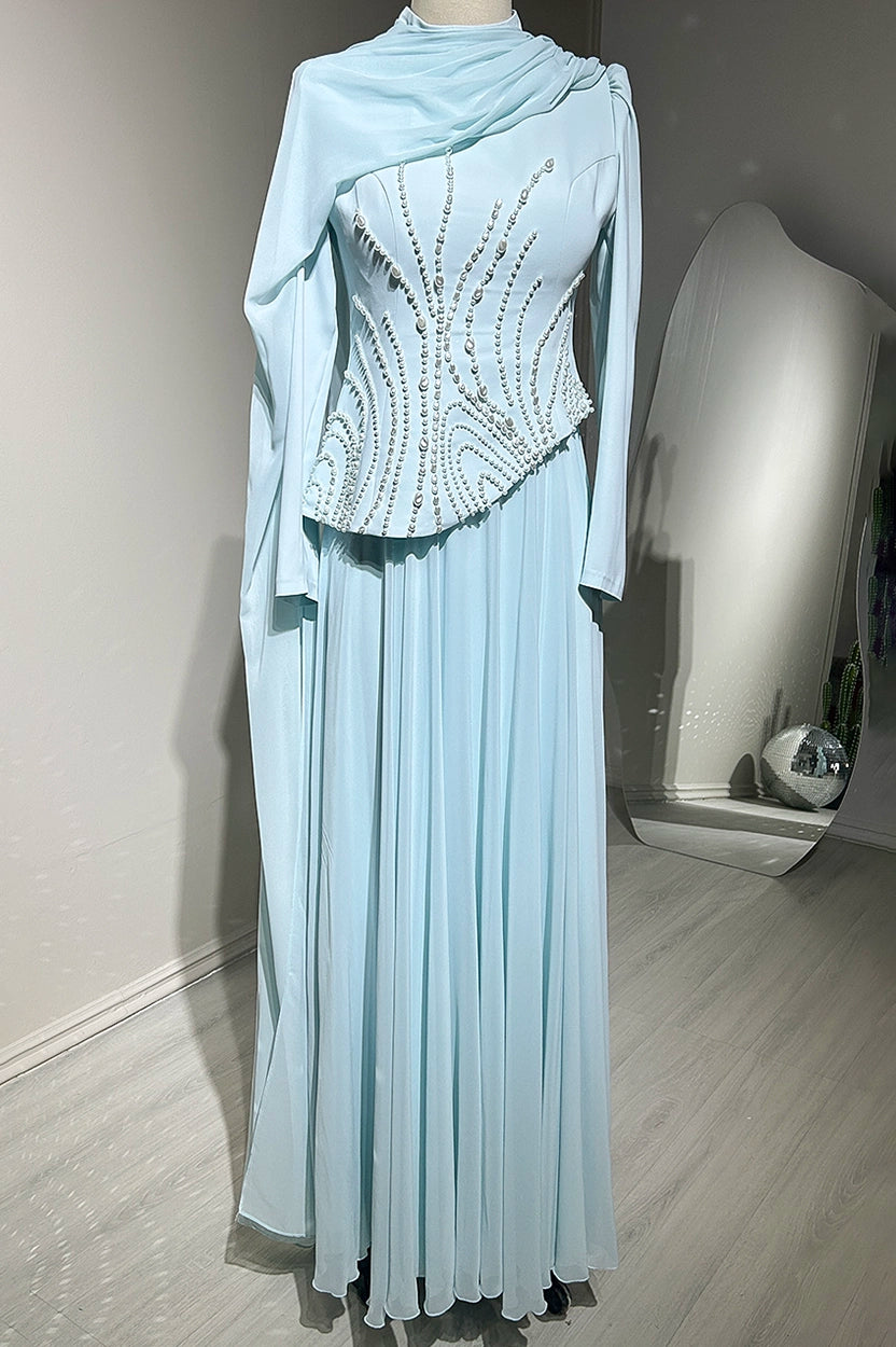 Pearl Embellished Curved Crepe Dress