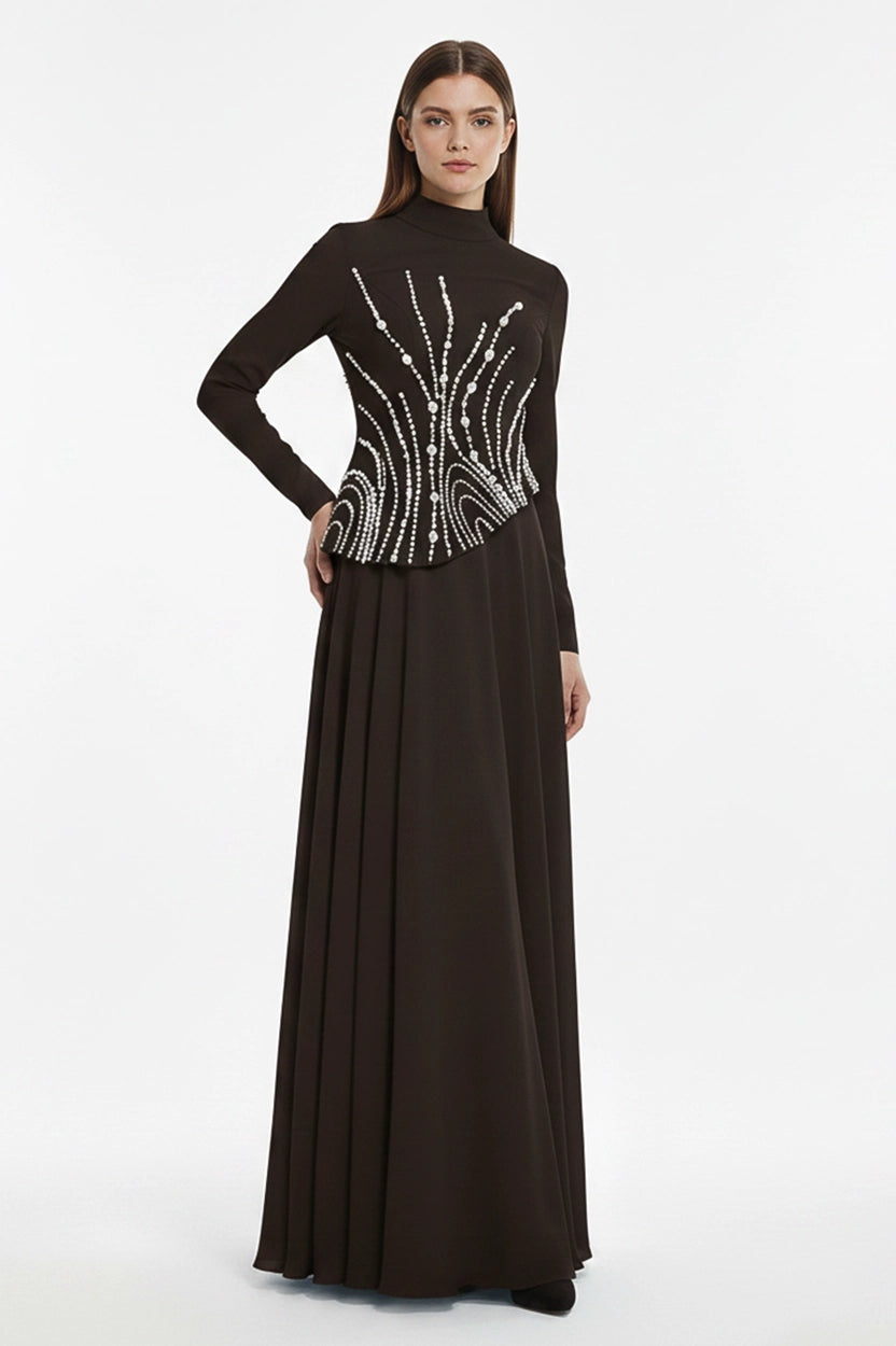 Pearl Embellished Curve Cut Crepe Dress
