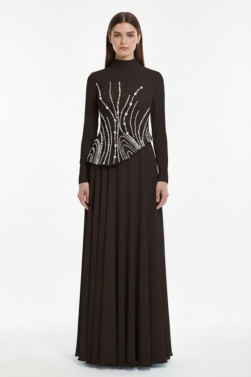 Pearl Embellished Curve Cut Crepe Dress