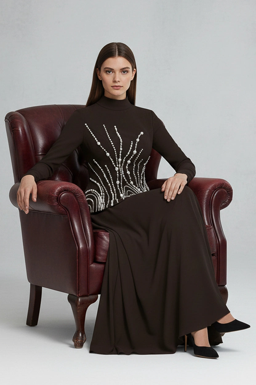 Pearl Embellished Curve Cut Crepe Dress