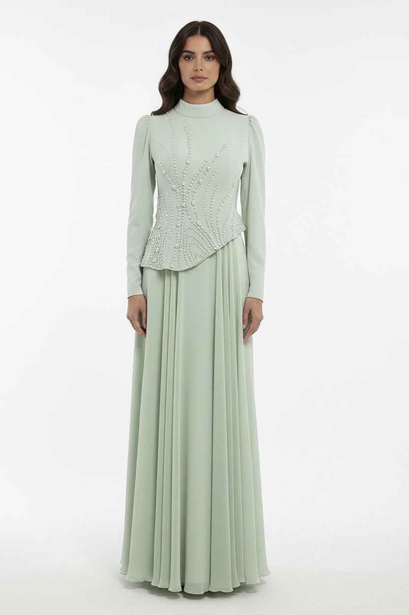 Pearl Embellished Curve Cut Crepe Dress