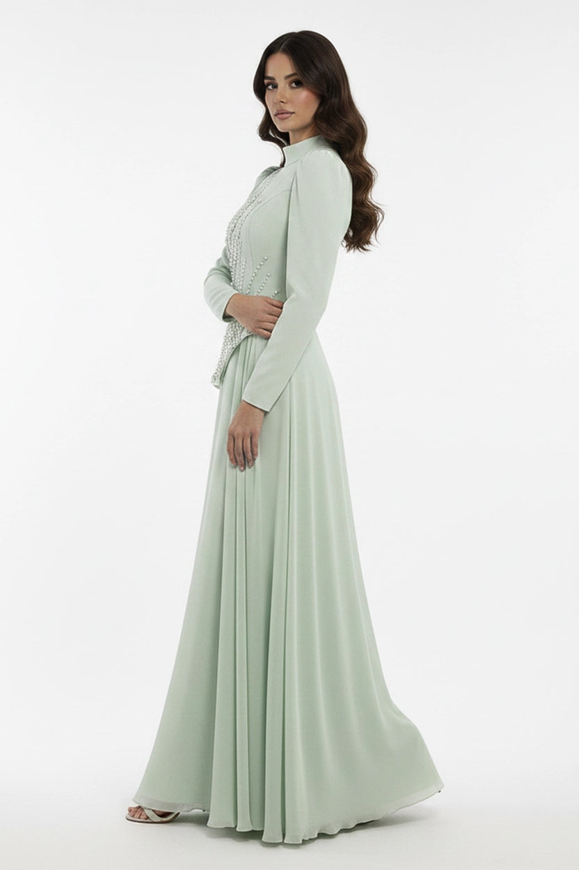 Pearl Embellished Curve Cut Crepe Dress