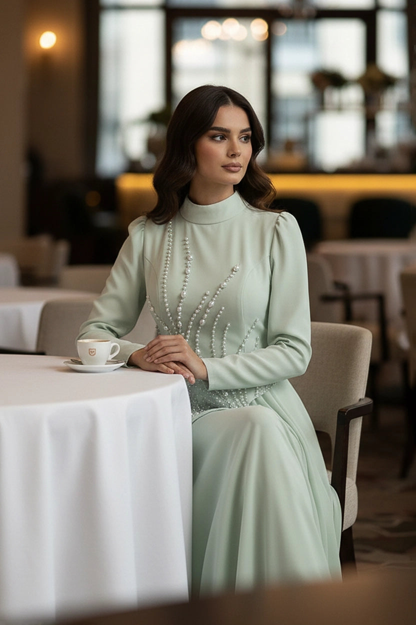 Pearl Embellished Curve Cut Crepe Dress