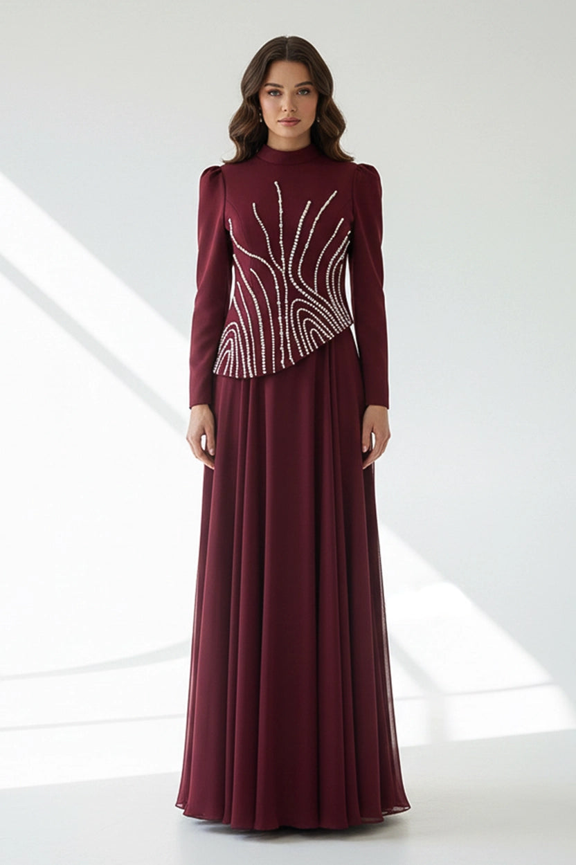 Pearl Embellished Curve Cut Crepe Dress