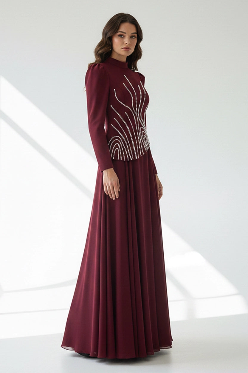 Pearl Embellished Curve Cut Crepe Dress