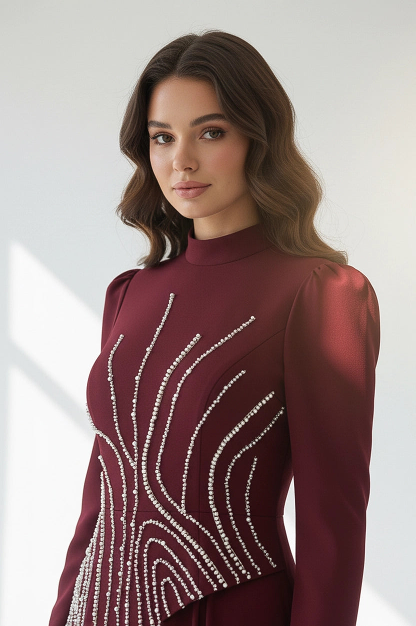 Pearl Embellished Curve Cut Crepe Dress