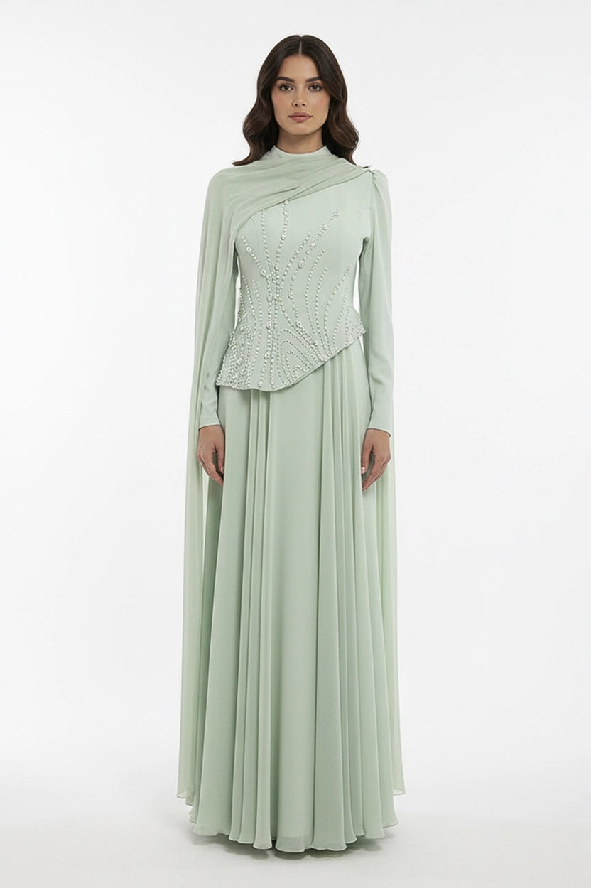 Pearl Embellished Curved Crepe Dress