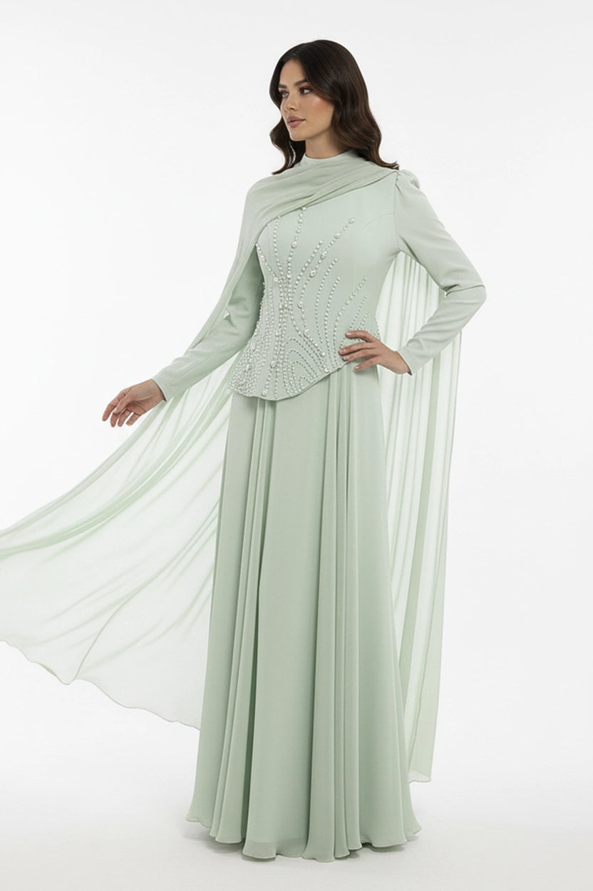 Pearl Embellished Curved Crepe Dress