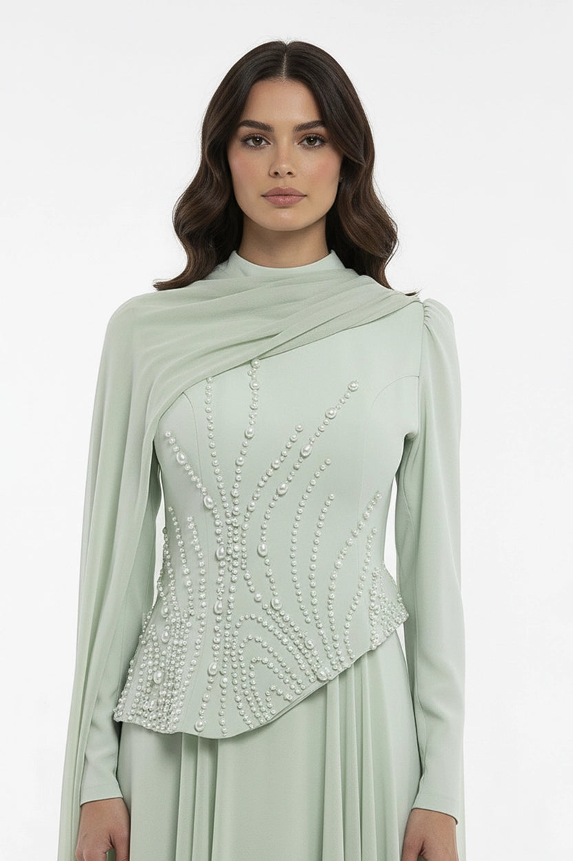 Pearl Embellished Curved Crepe Dress