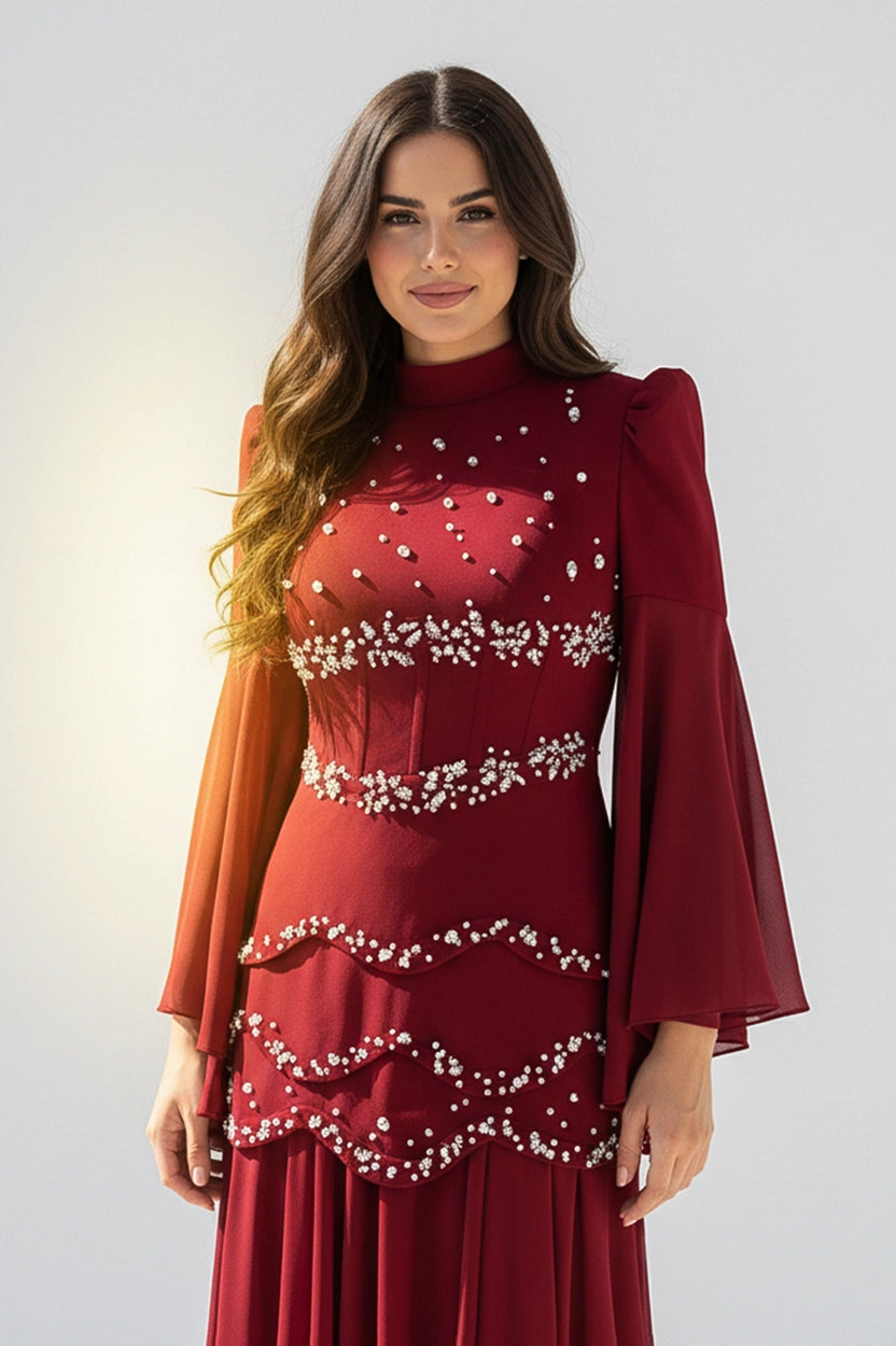 Pearl Detail Corset Crepe Dress