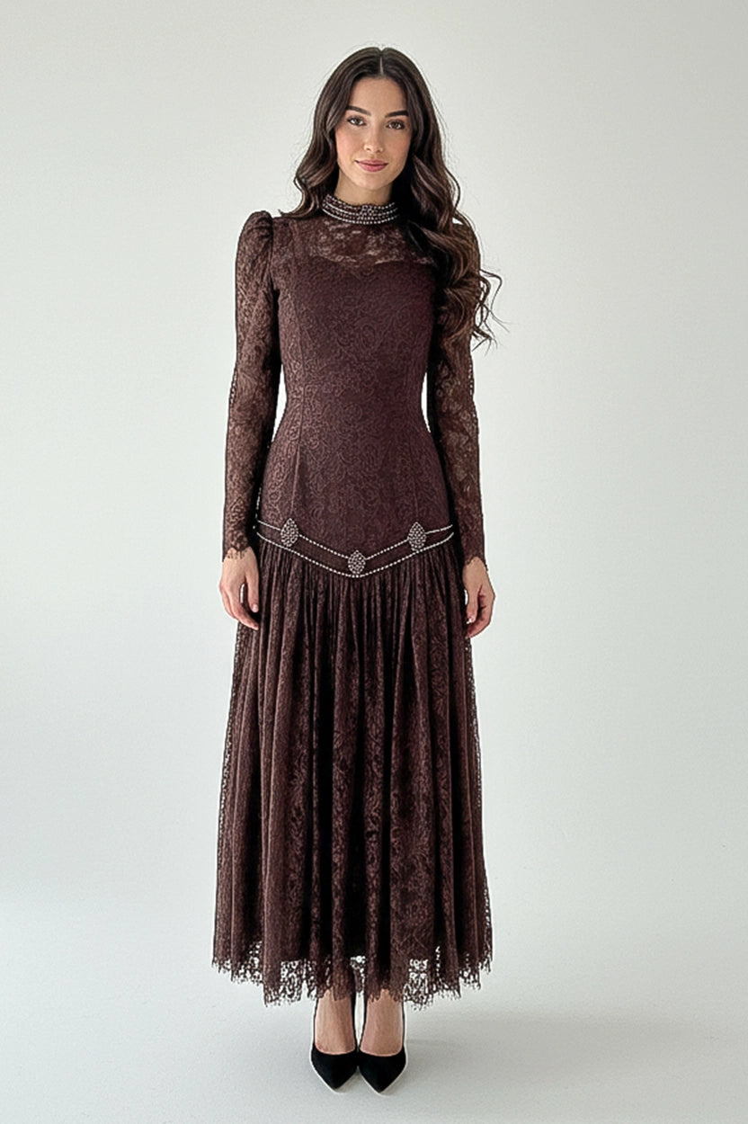 Pearls Details Gathered Dantel Dress