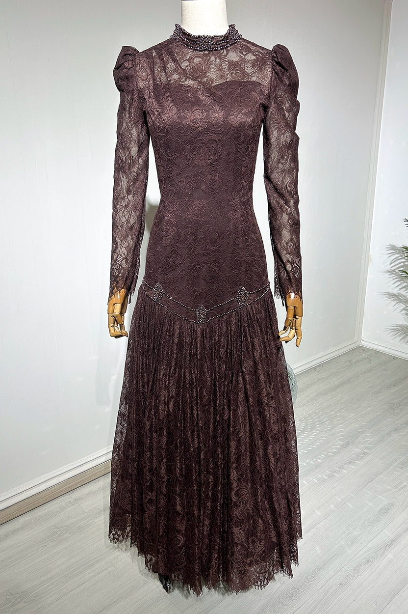 Pearls Details Gathered Dantel Dress