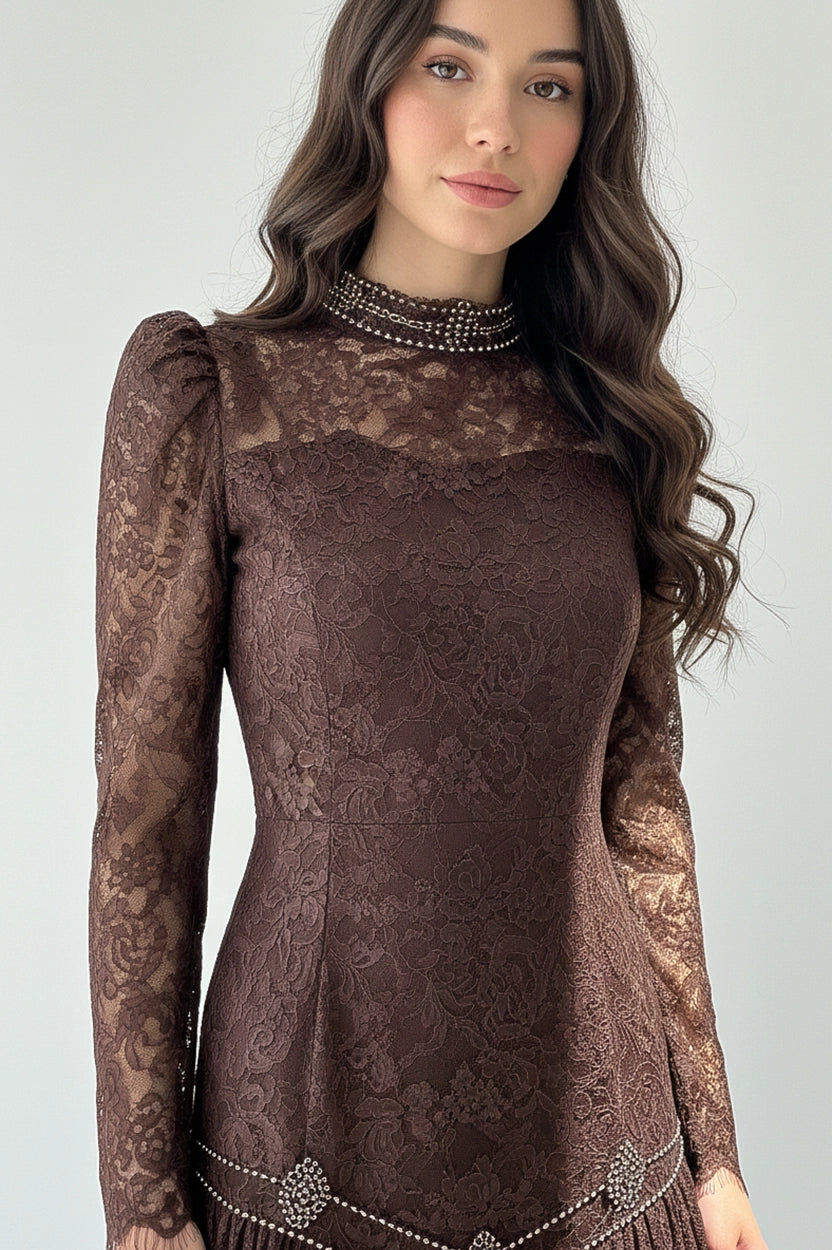 Pearls Details Gathered Dantel Dress