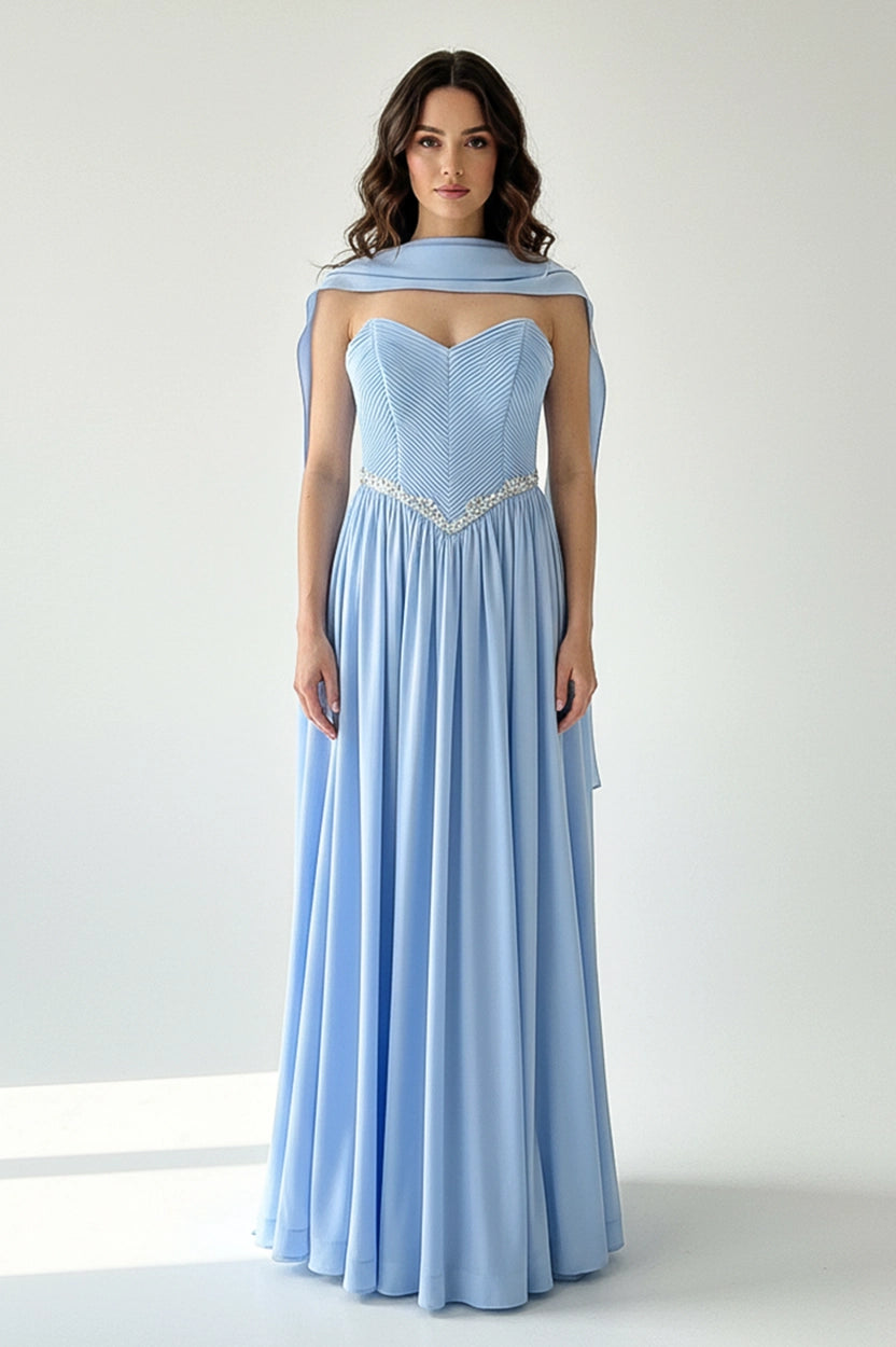 Pleated Corset Crystal Waistline Crepe Dress