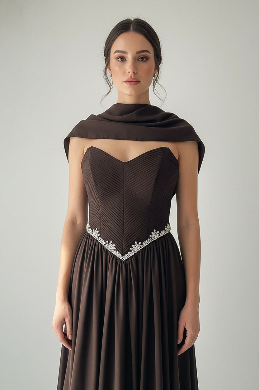 Pleated Corset Crystal Waistline Crepe Dress
