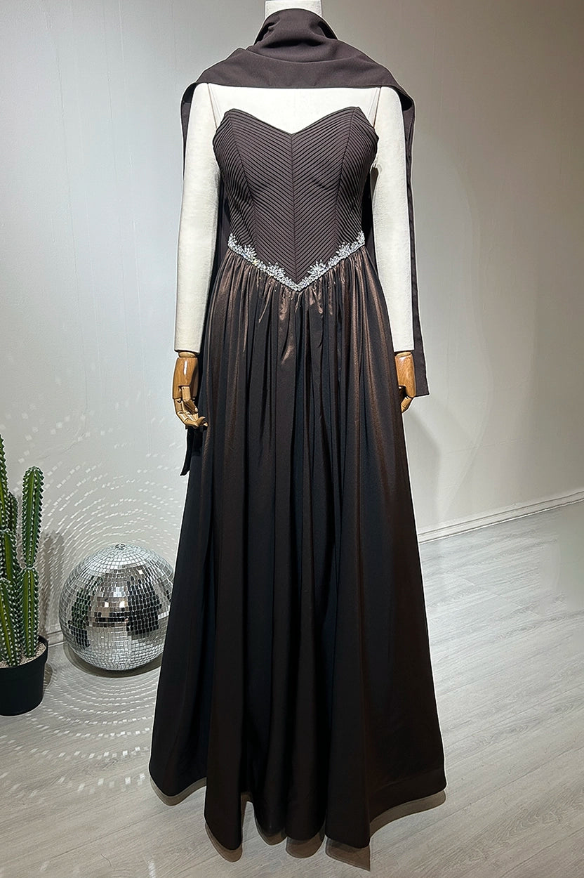 Pleated Corset Crystal Waistline Crepe Dress