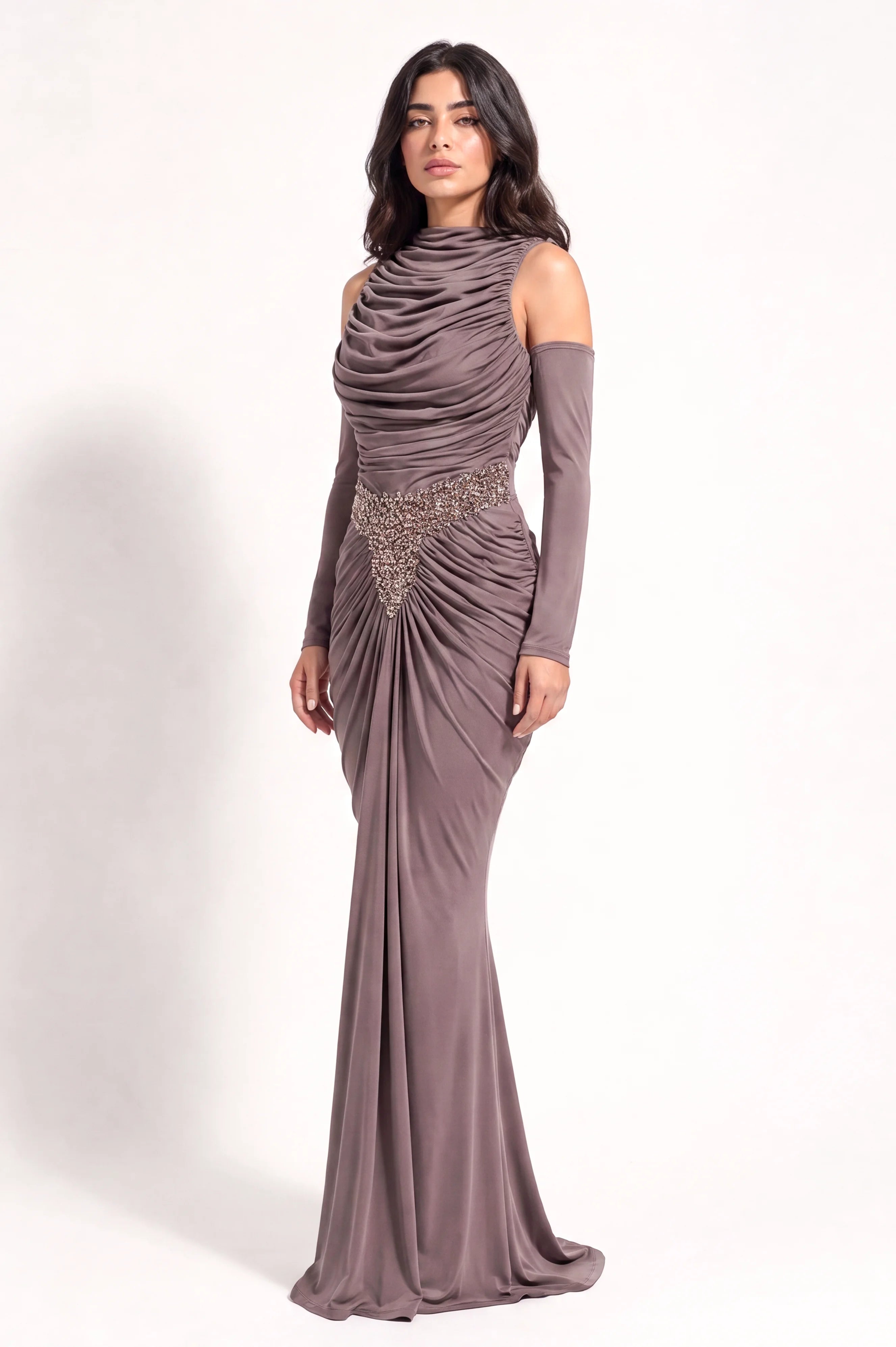 Pleated High Neck Embellished Waist-Line Jersey Dress