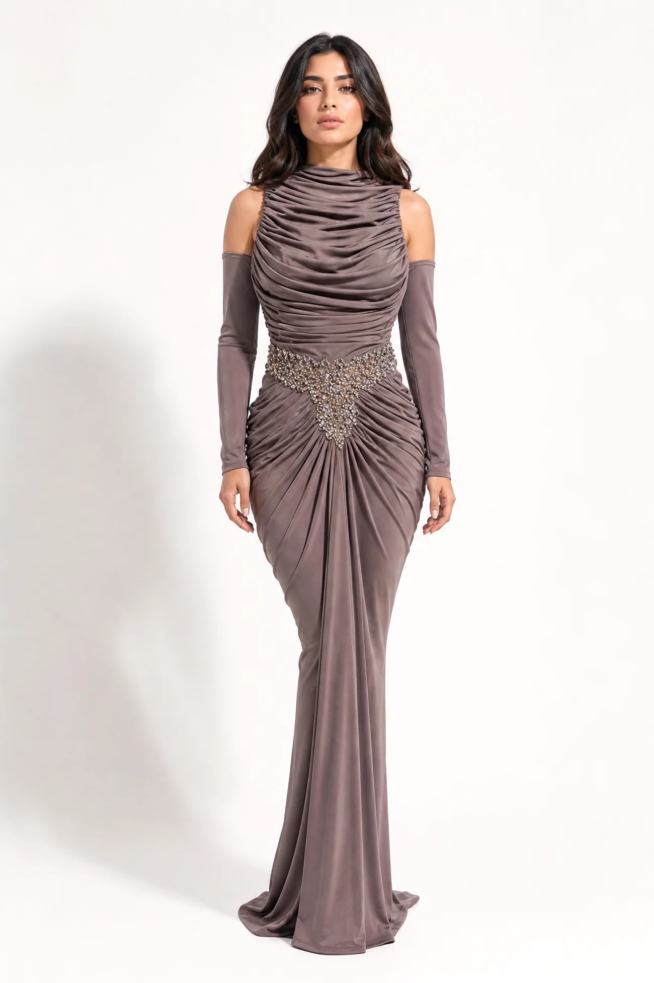 Pleated High Neck Embellished Waist-Line Jersey Dress