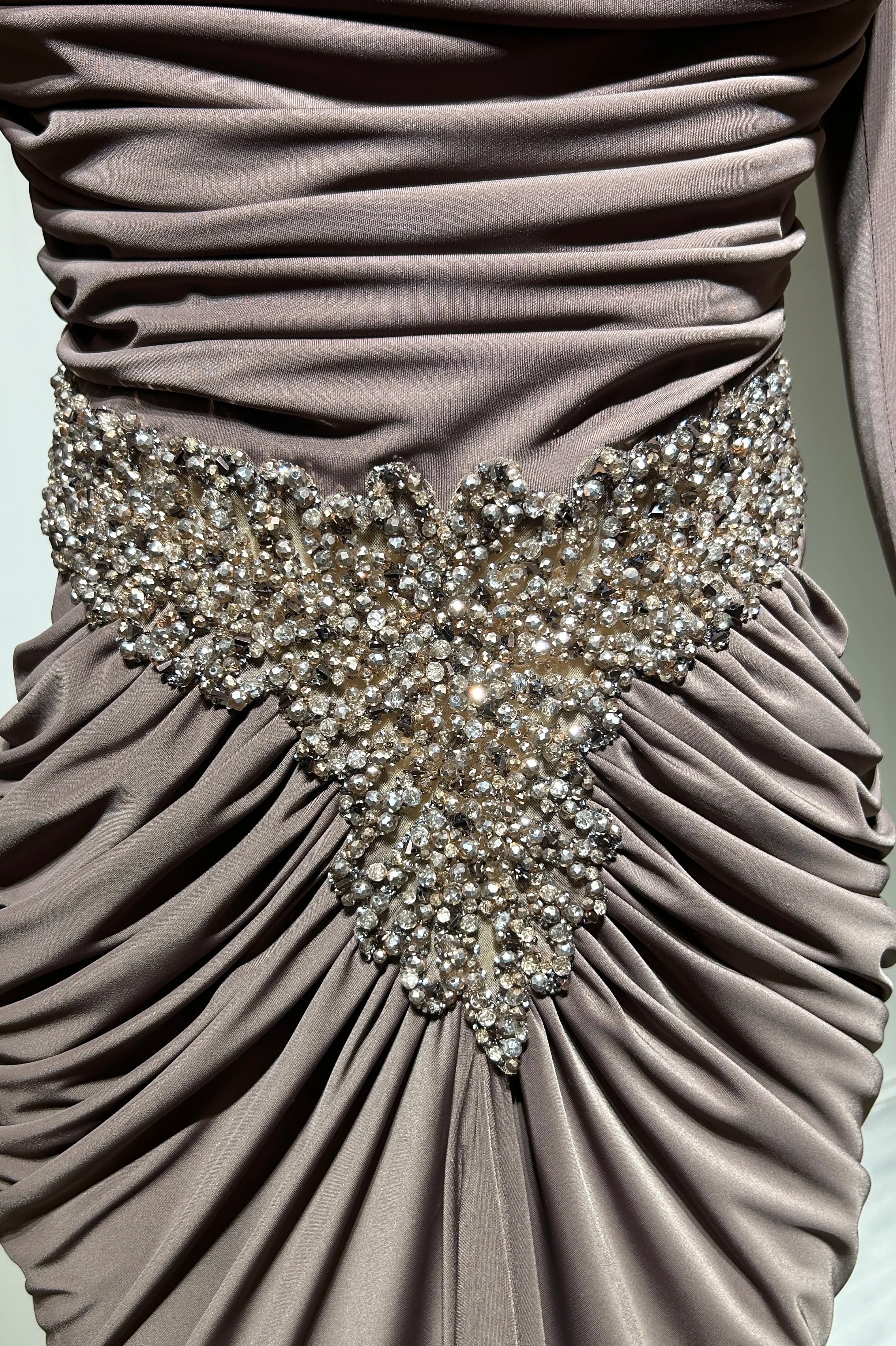 Pleated High Neck Embellished Waist-Line Jersey Dress