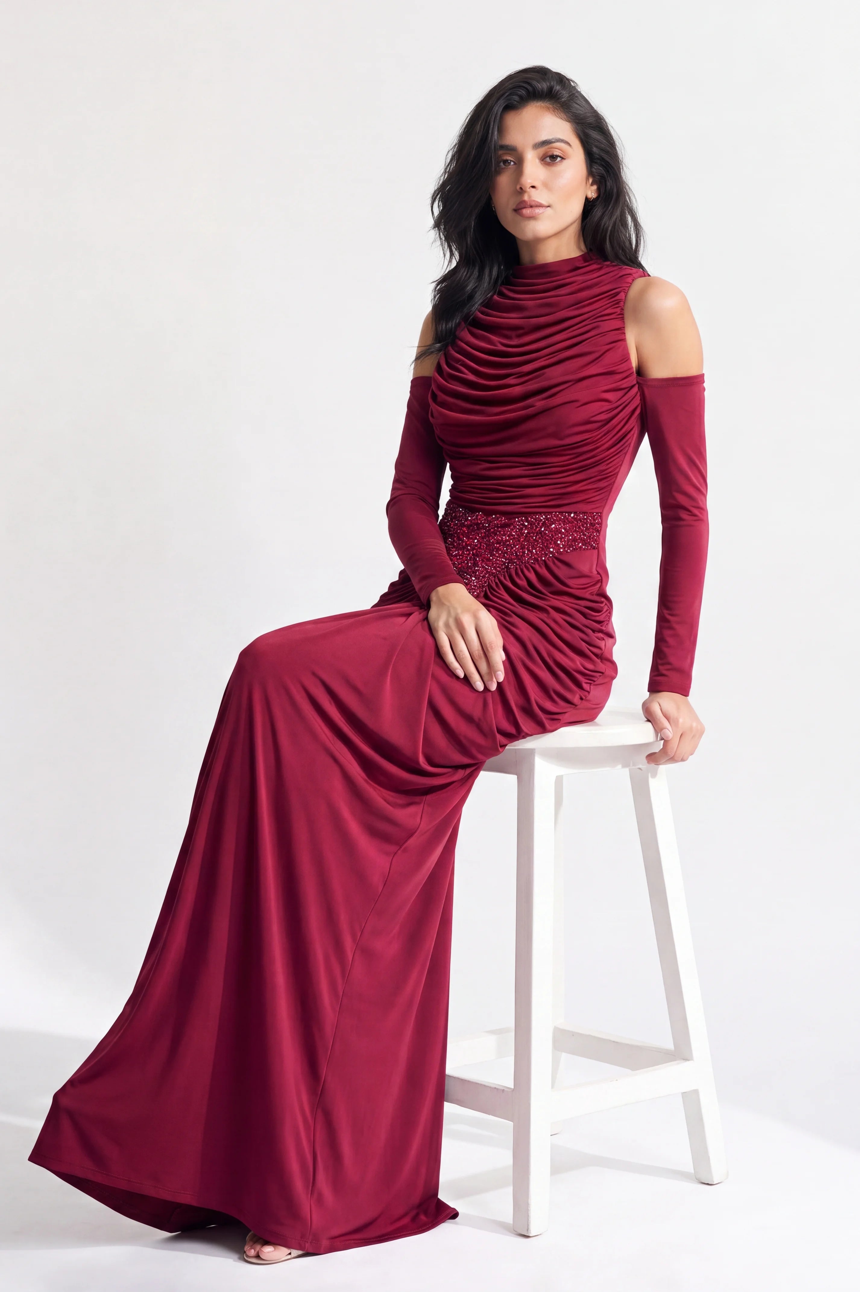 Pleated High Neck Embellished Waist-Line Jersey Dress