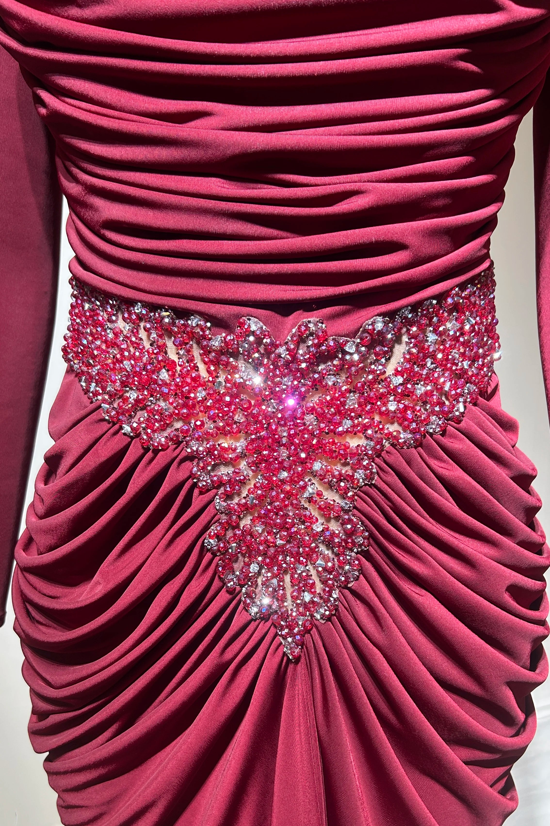 Pleated High Neck Embellished Waist-Line Jersey Dress