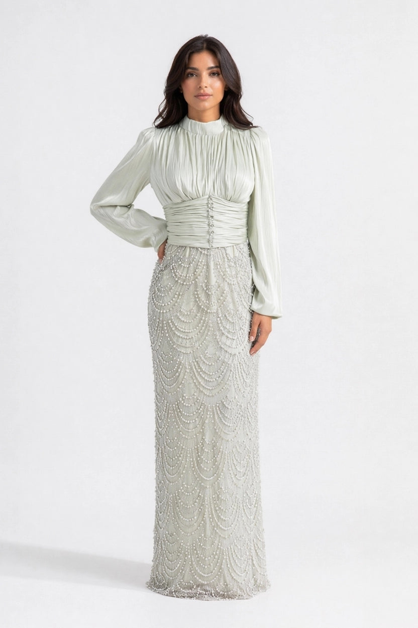 Pleated High Neck Sequin Organza Dress
