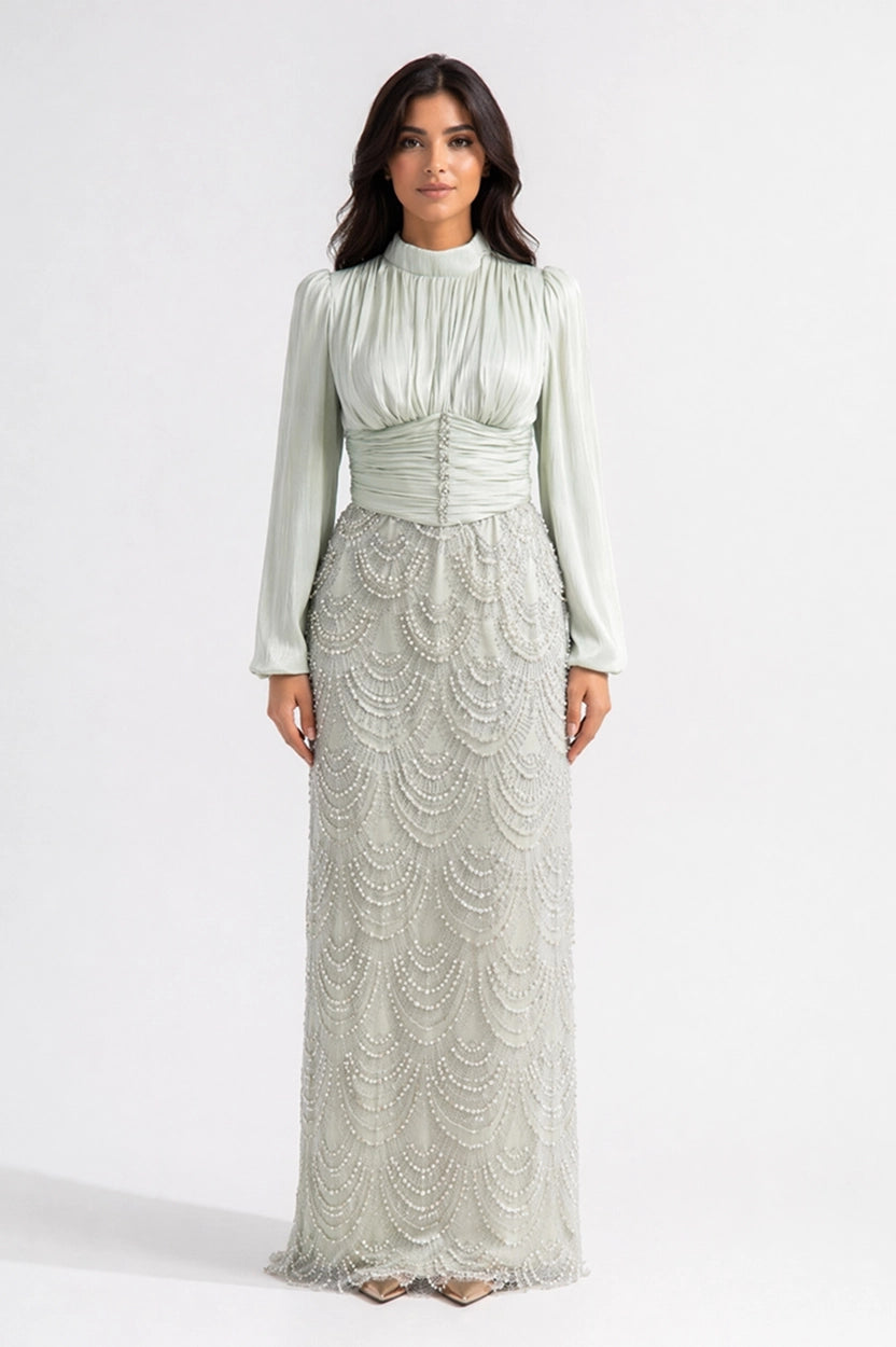 Pleated High Neck Sequin Organza Dress