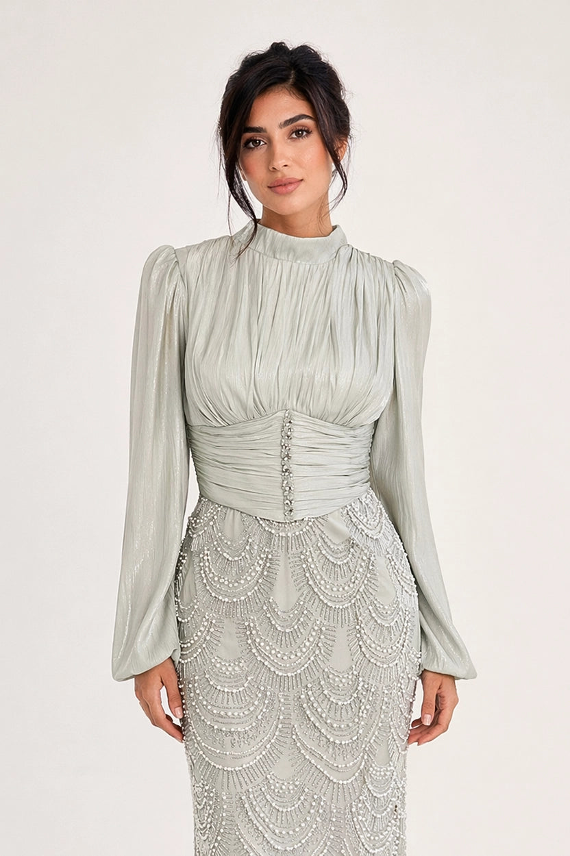 Pleated High Neck Sequin Organza Dress