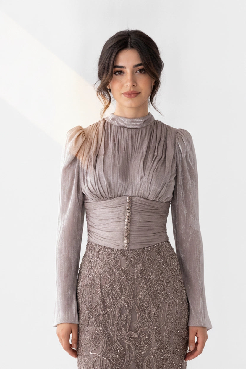 Pleated High Neck Sequin Organza Dress