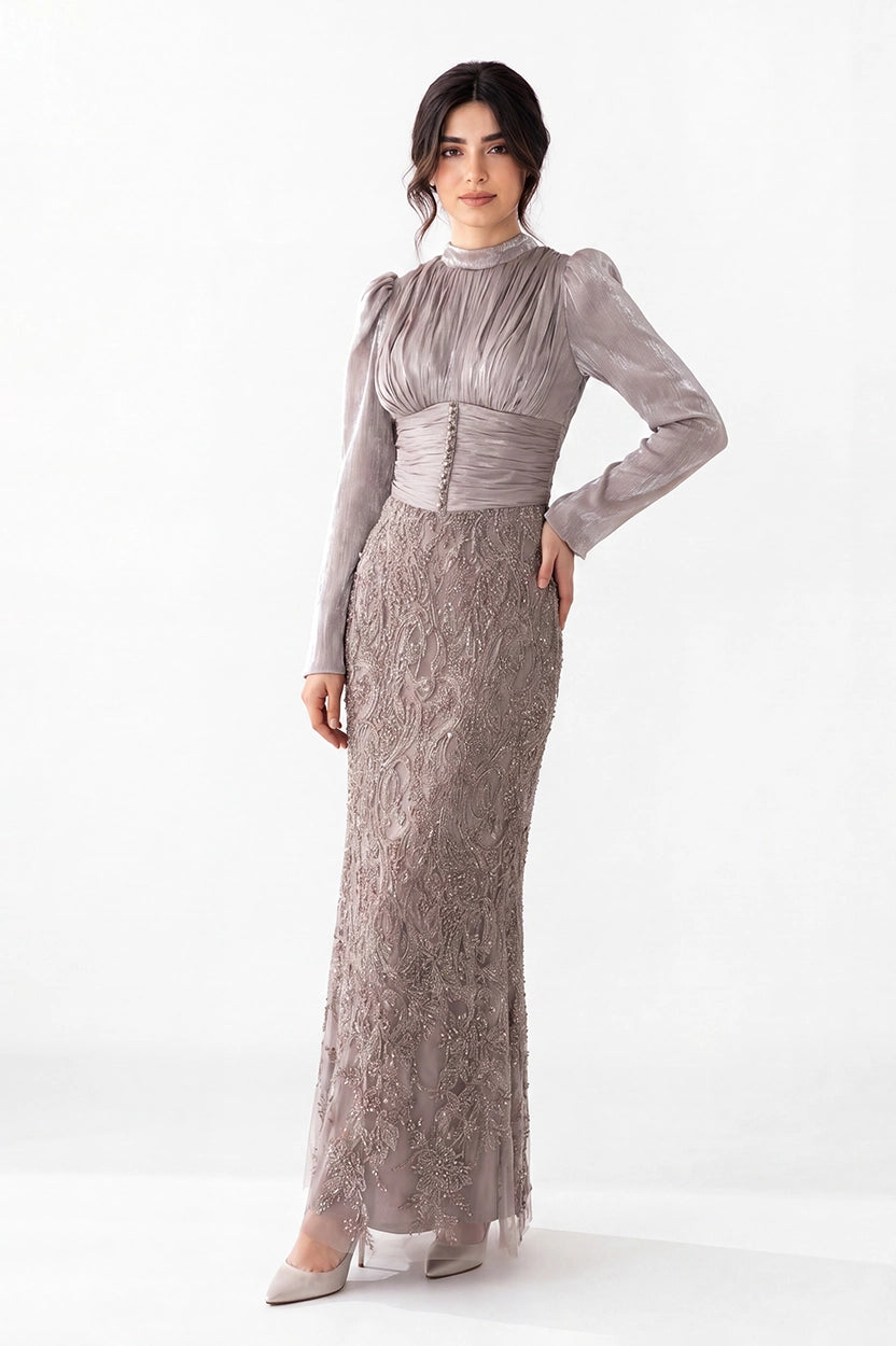 Pleated High Neck Sequin Organza Dress