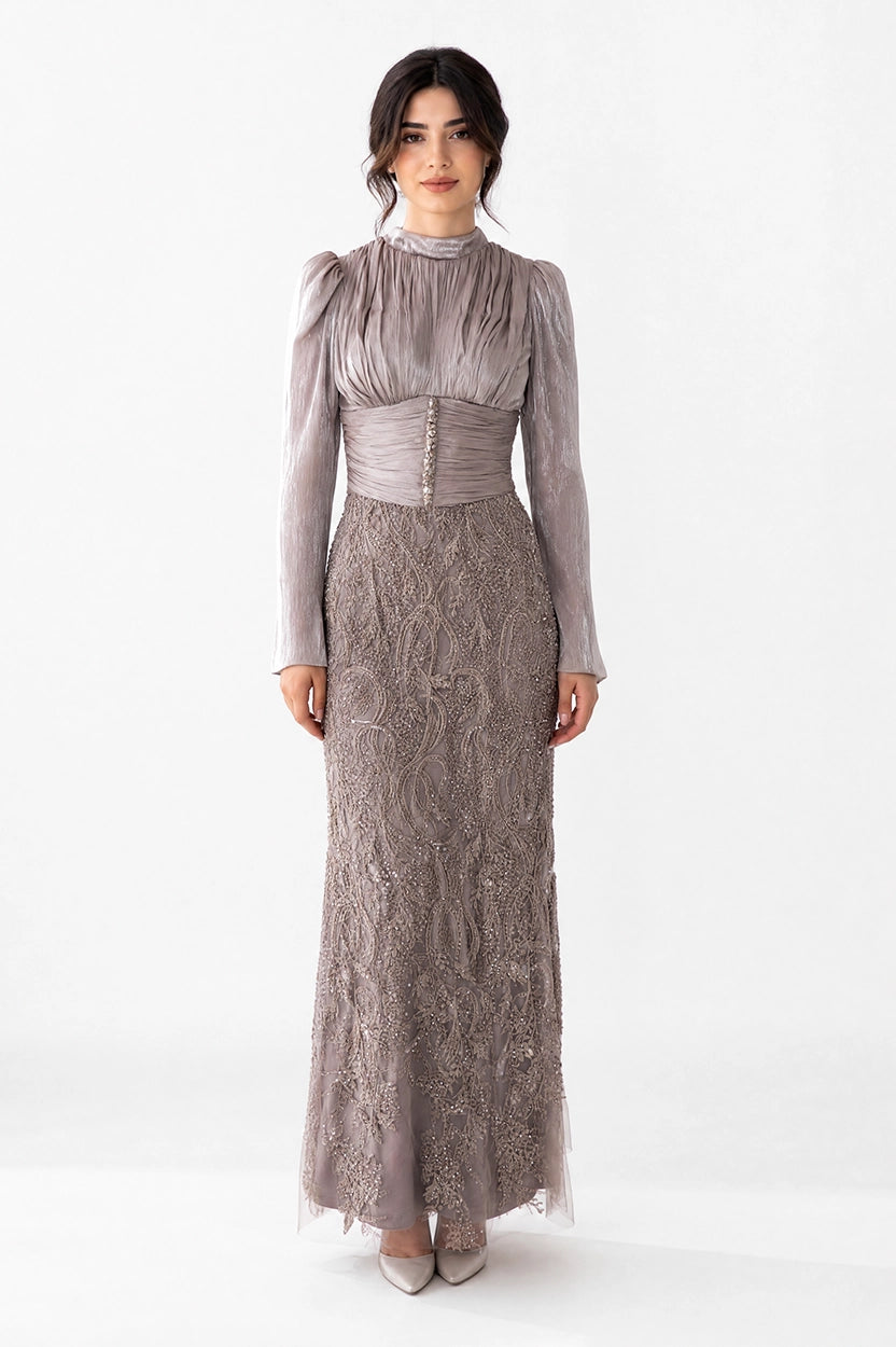 Pleated High Neck Sequin Organza Dress