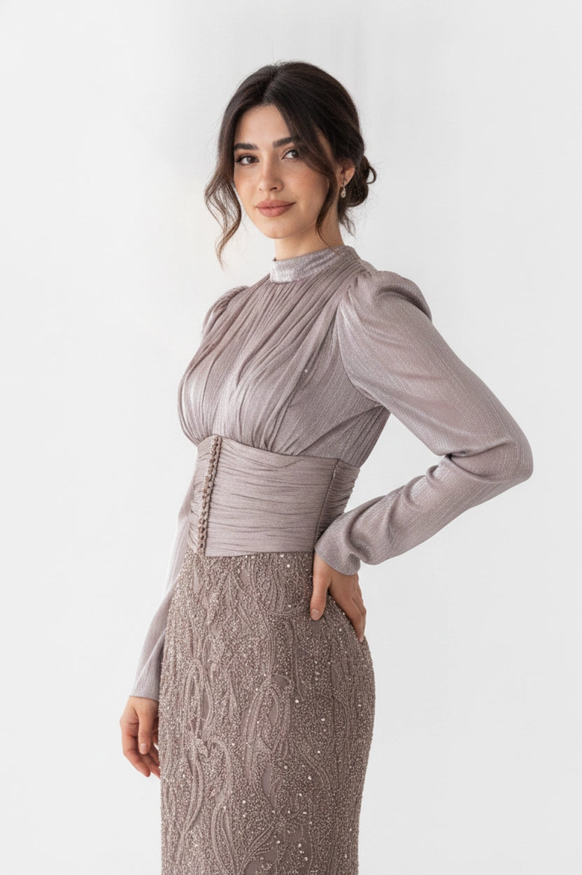 Pleated High Neck Sequin Organza Dress