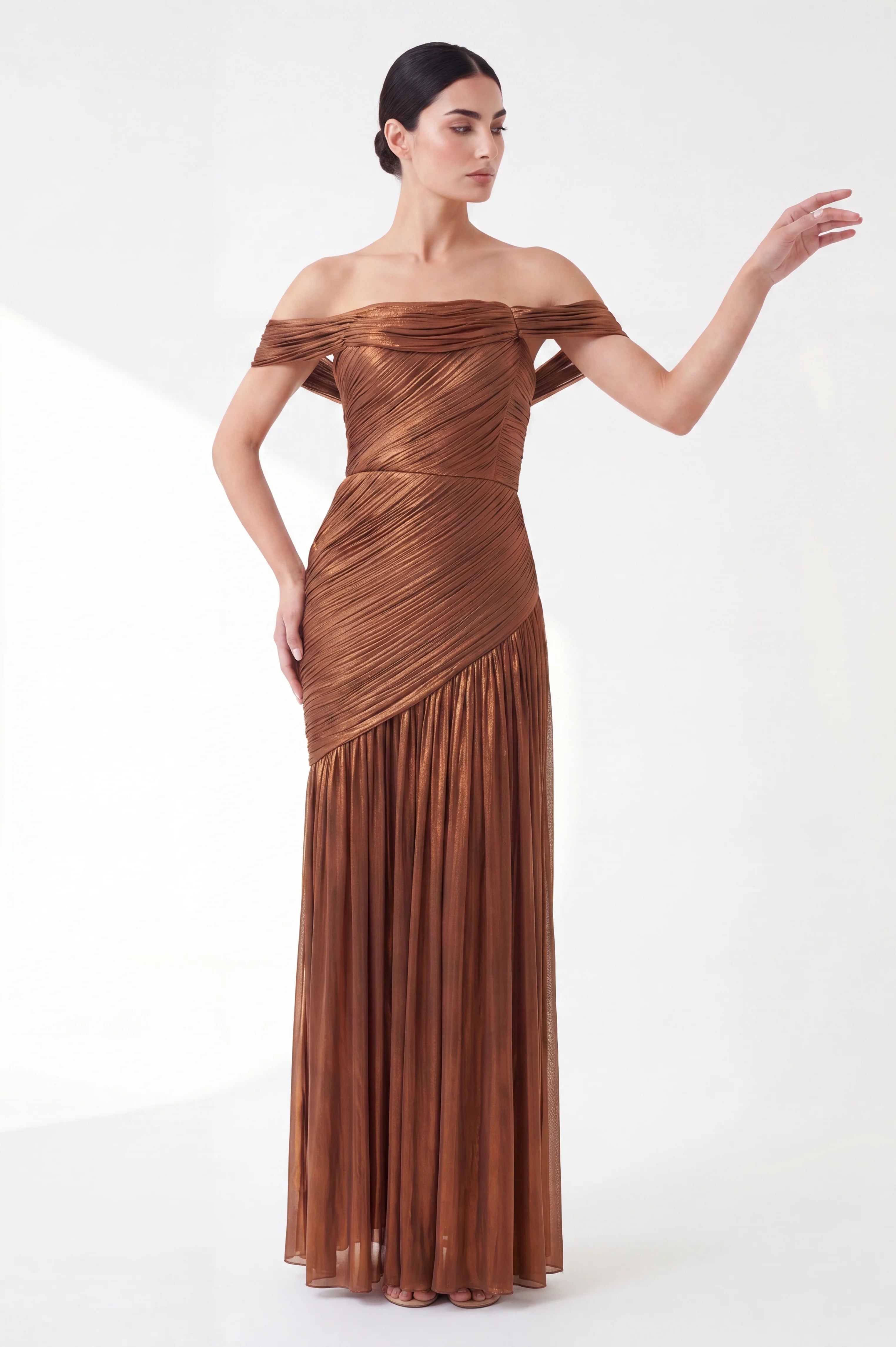 Pleated Plisse Off Shoulder Organza Dress