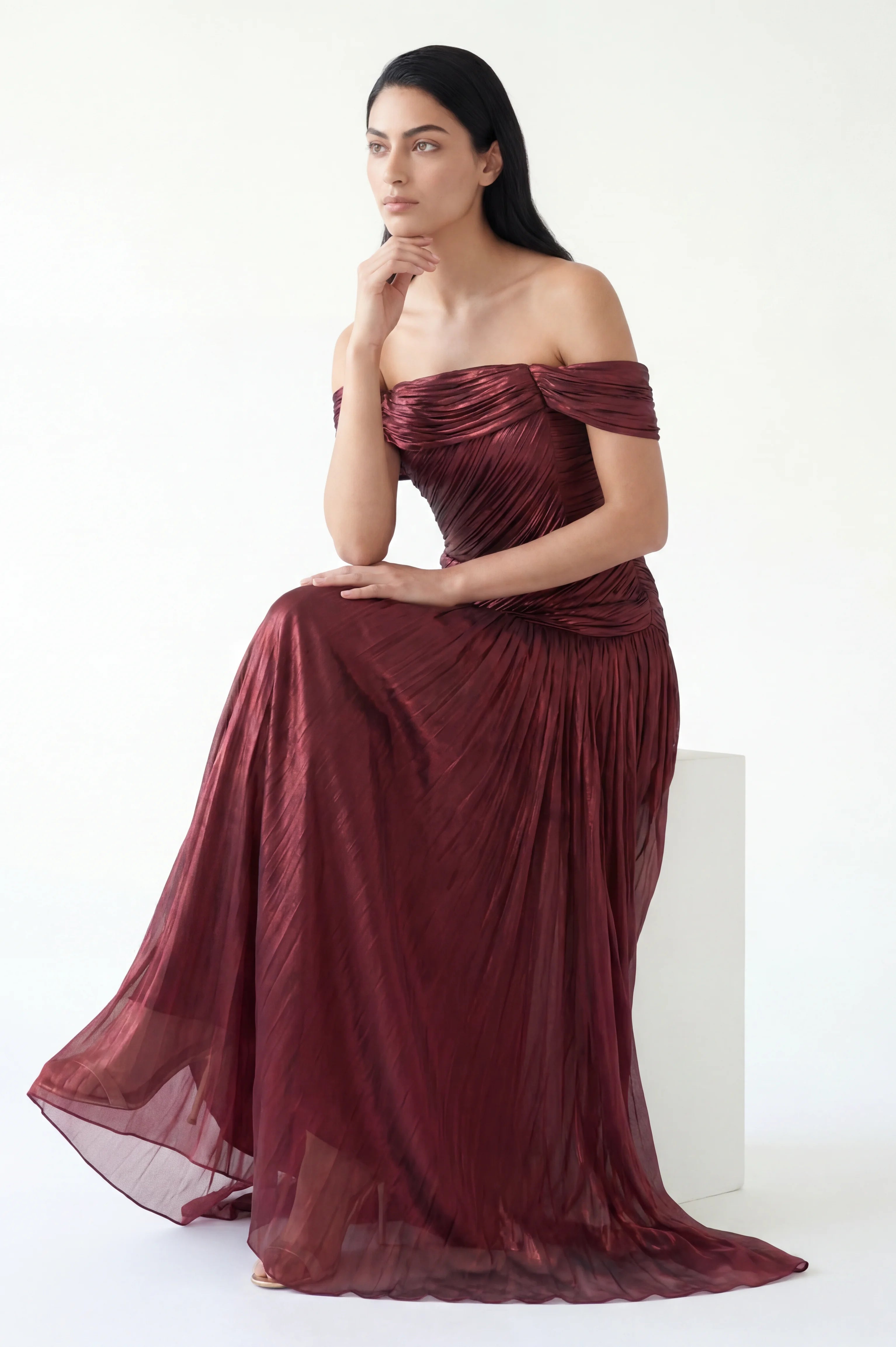 Pleated Plisse Off Shoulder Organza Dress