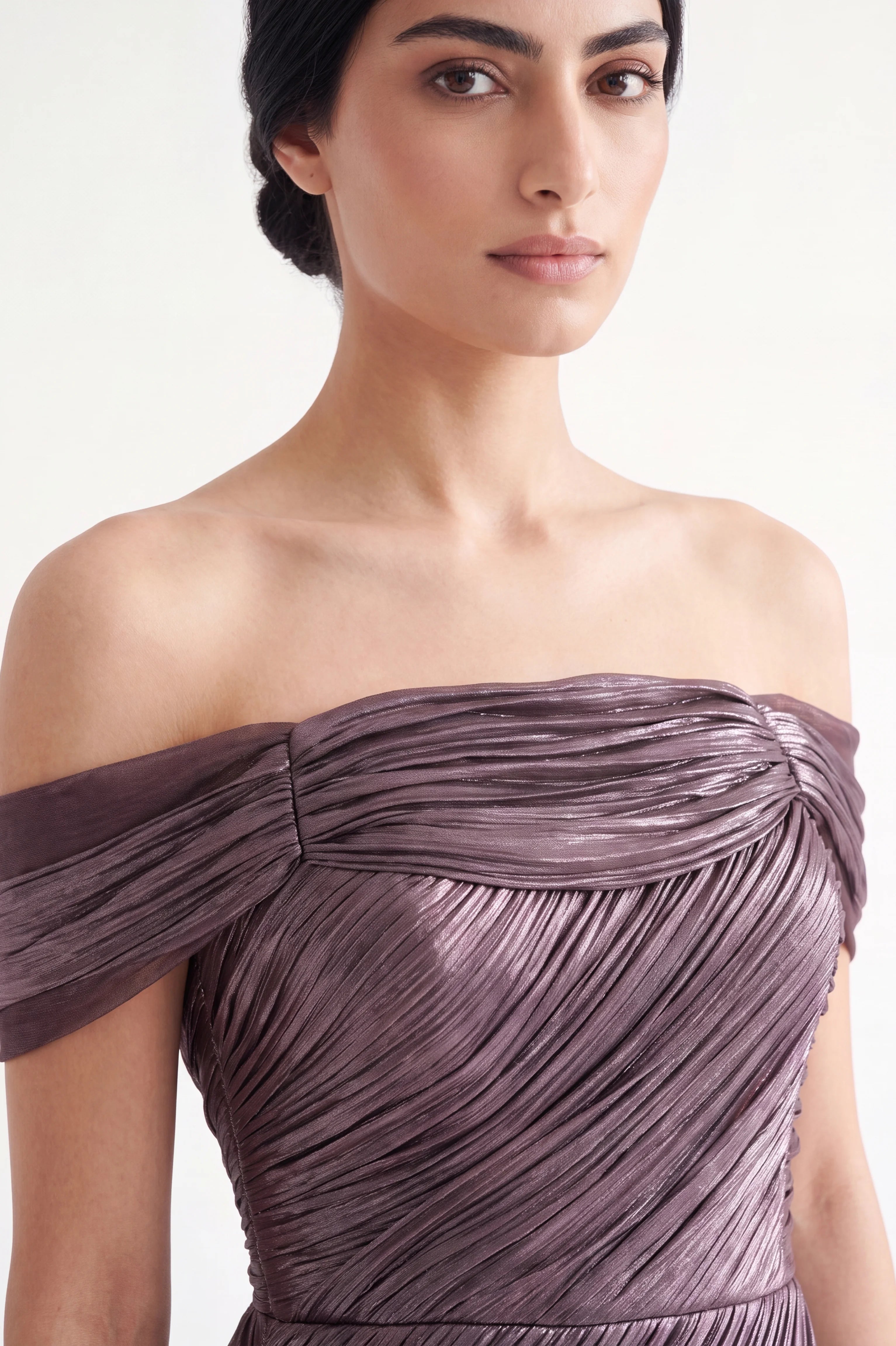 Pleated Plisse Off Shoulder Organza Dress