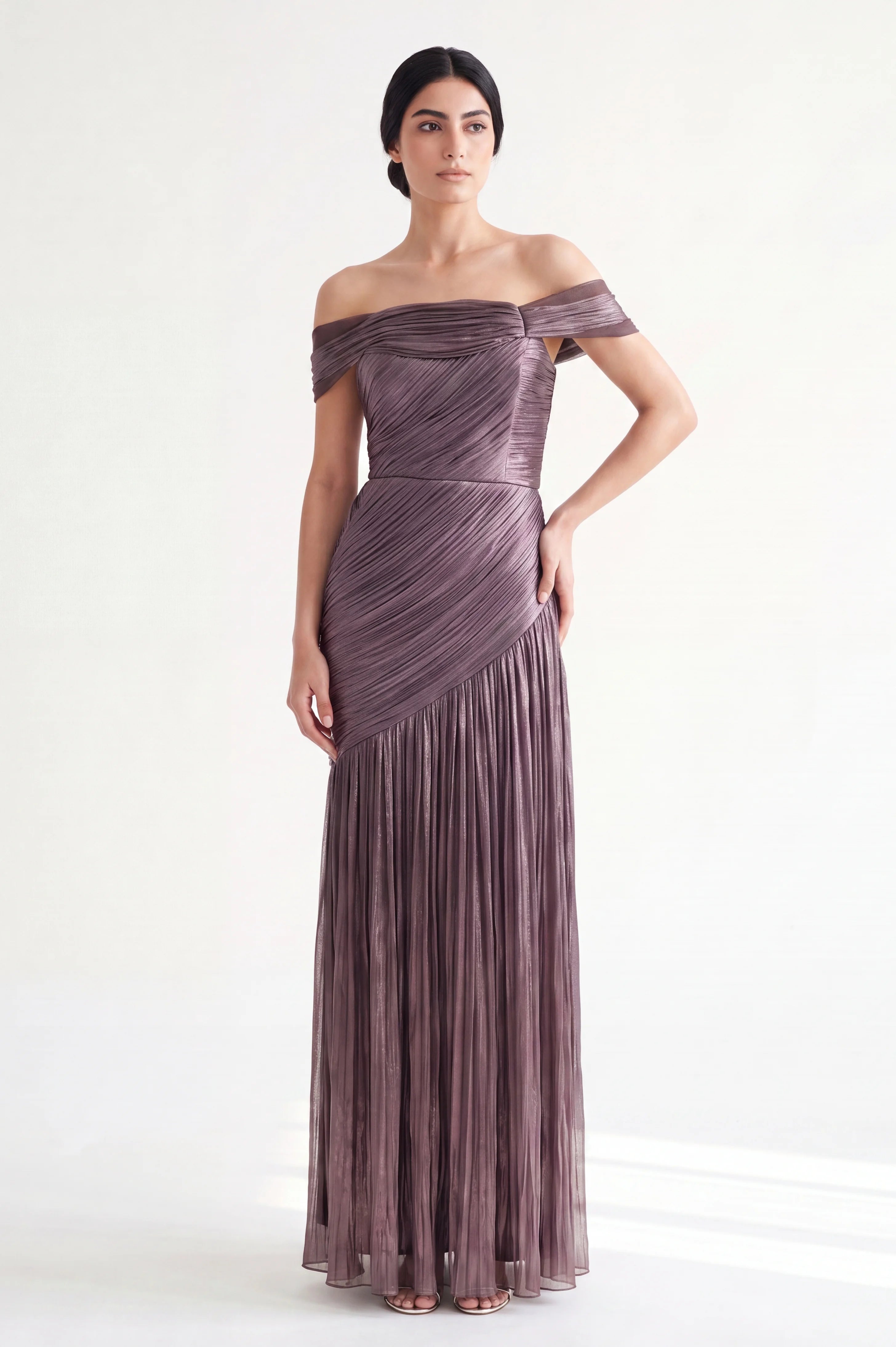 Pleated Plisse Off Shoulder Organza Dress
