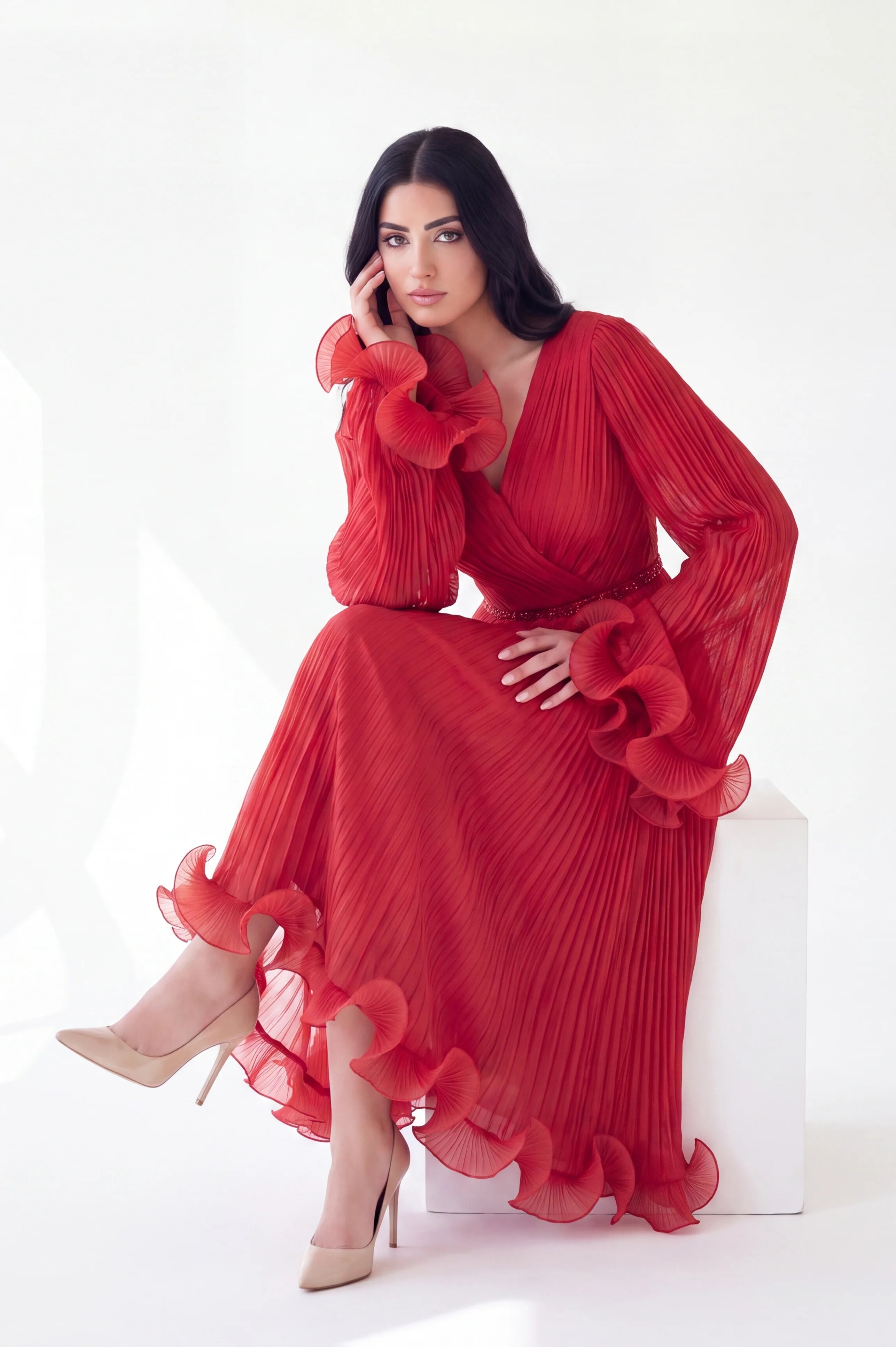 Pleated V-Neck Ruffled Cuffs Organza Dress