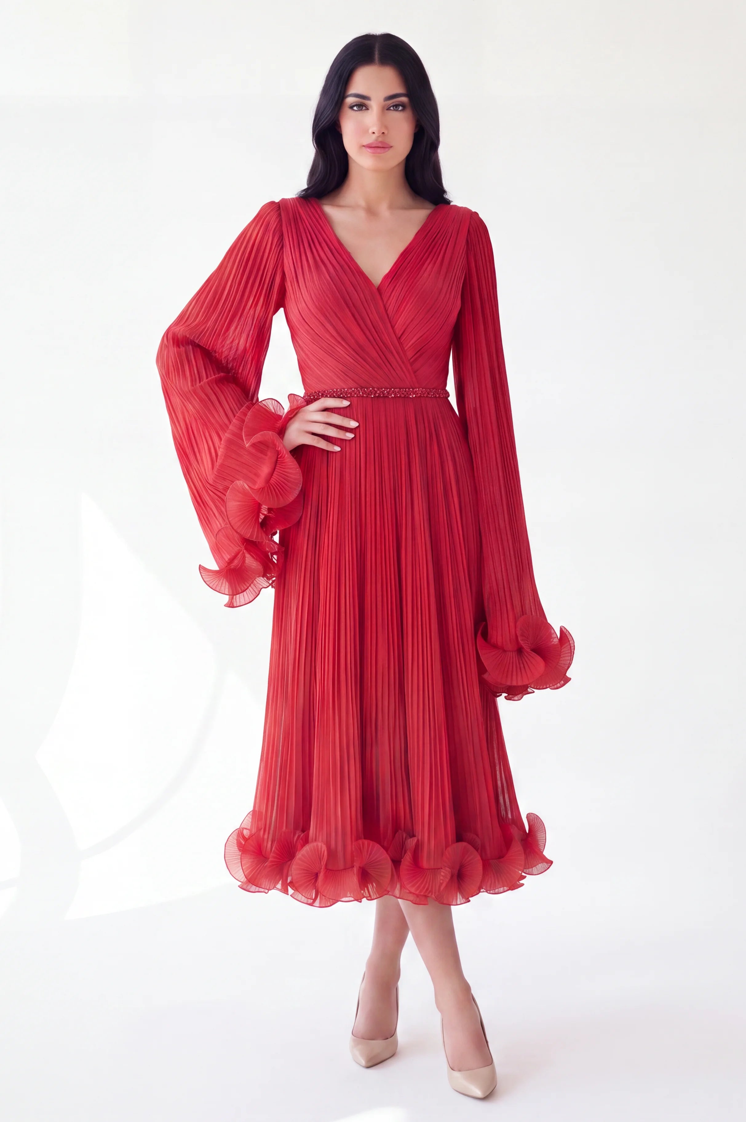 Pleated V-Neck Ruffled Cuffs Organza Dress