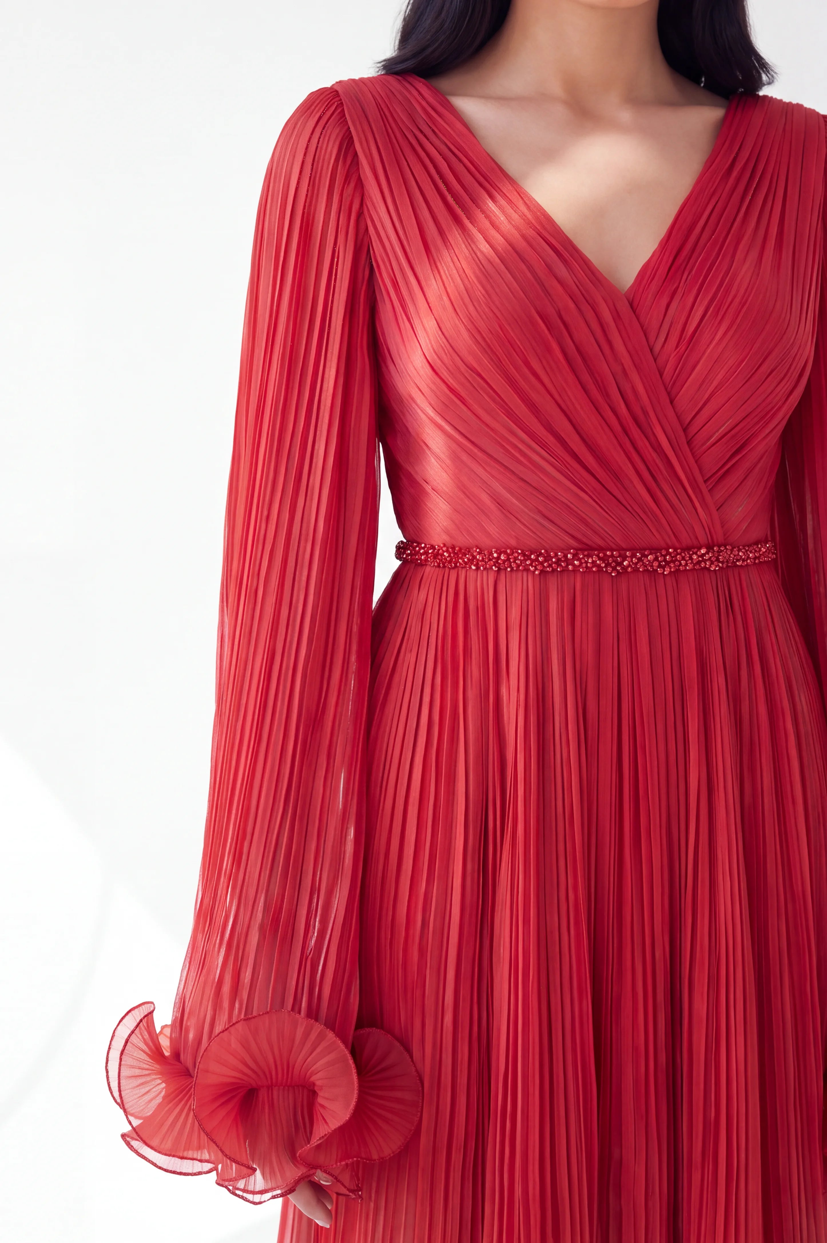 Pleated V-Neck Ruffled Cuffs Organza Dress