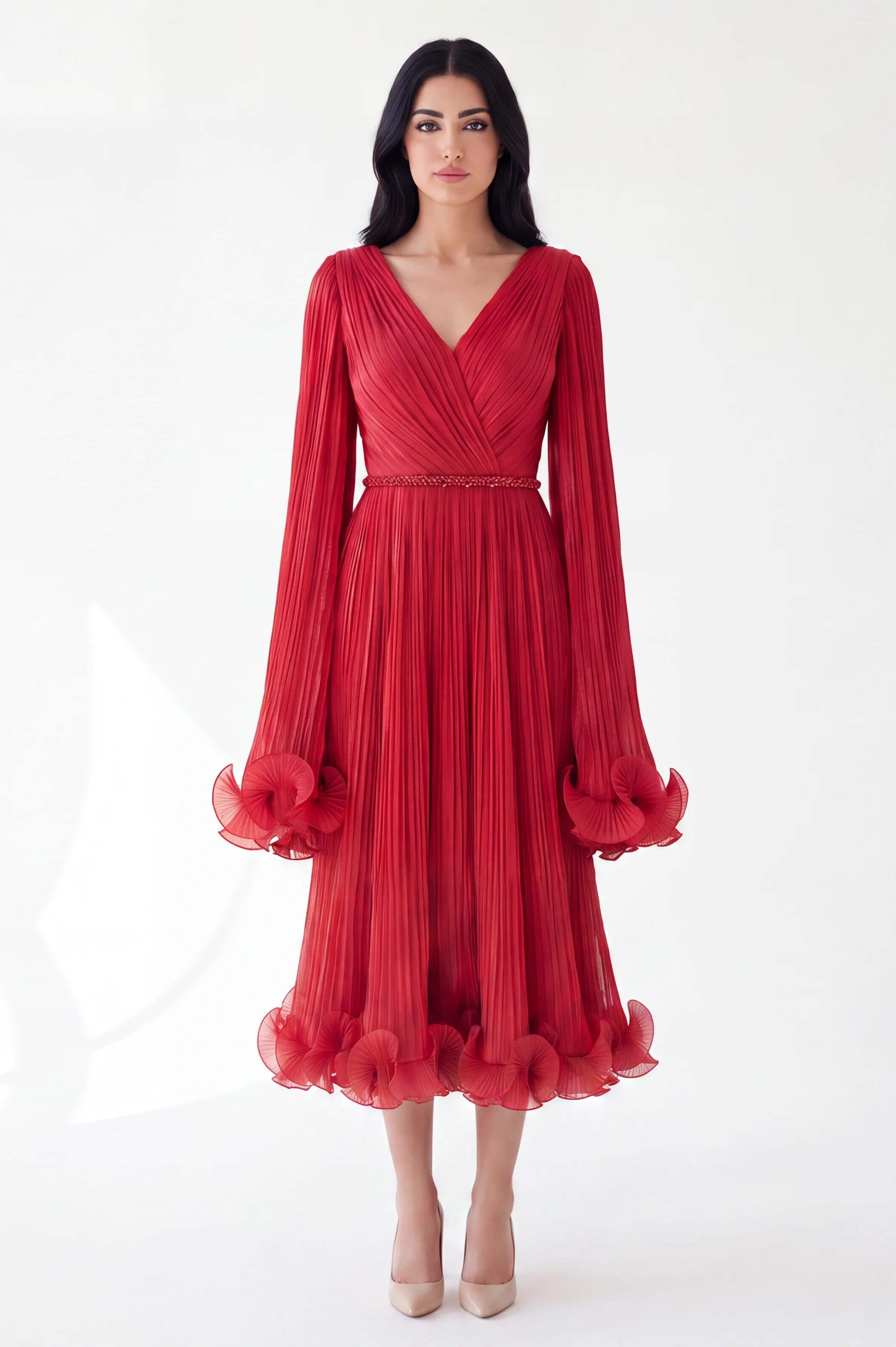 Pleated V-Neck Ruffled Cuffs Organza Dress